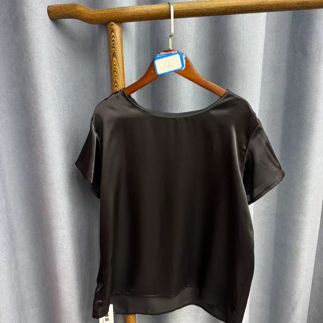 秋季新款休闲时尚圆领桑蚕丝短袖上衣女H538