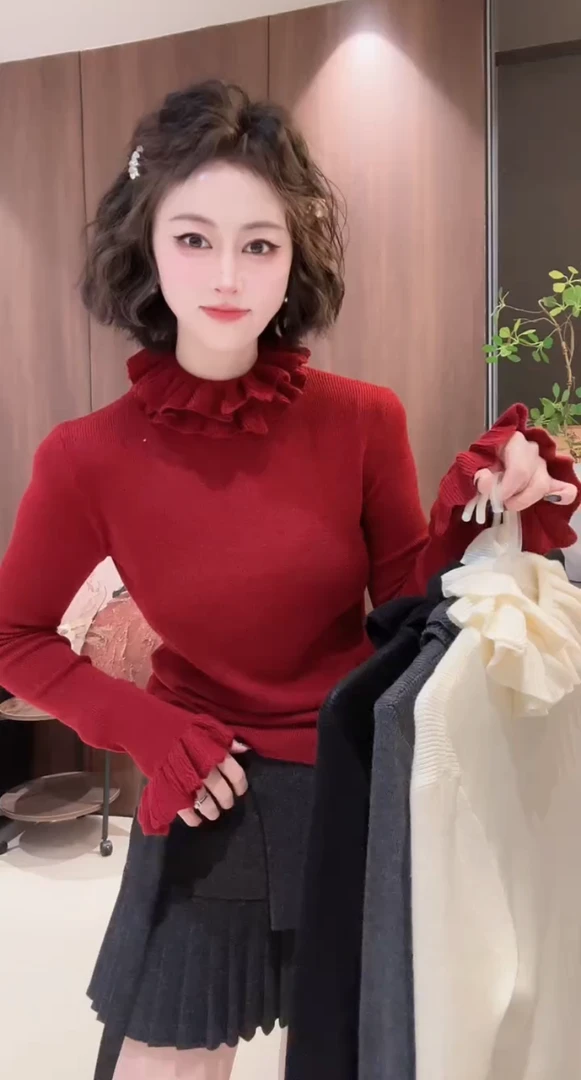 纯色半高领荷叶边针织打底衫女秋冬季高级感外穿修身内搭针织上衣