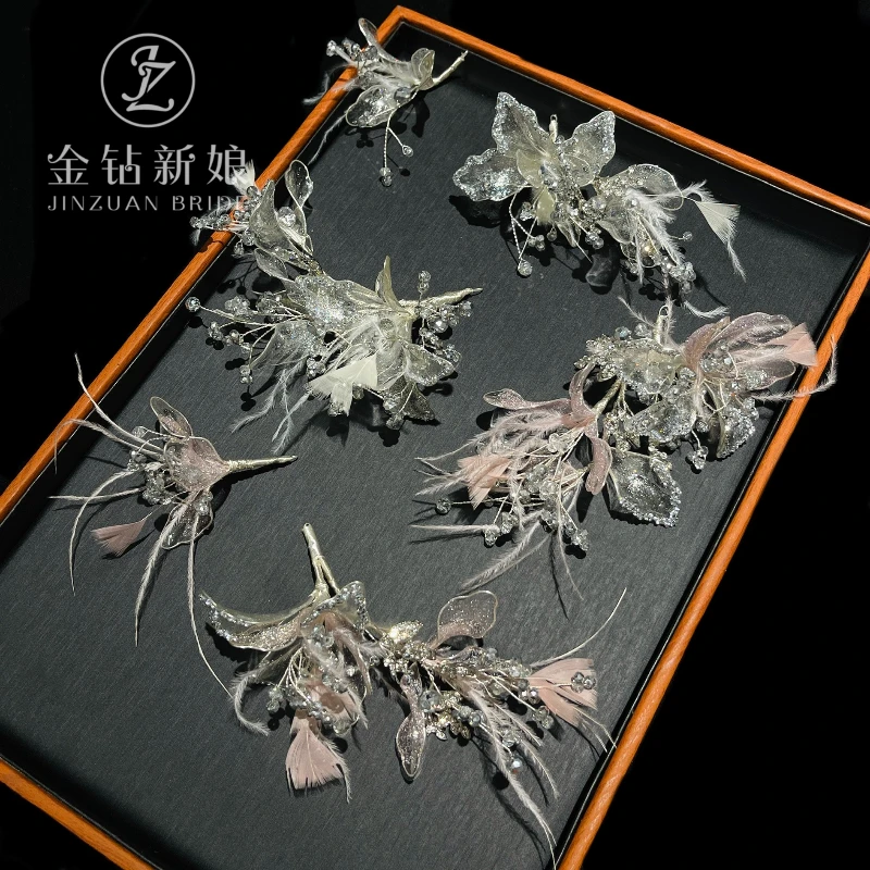 新娘头饰唯美结婚新娘韩式网红簪子流苏百搭金色仙气婚饰白色皇冠