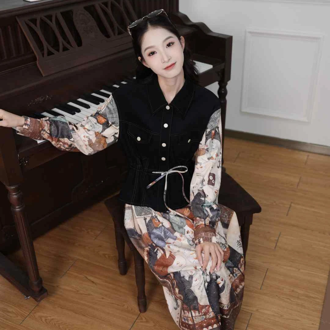 平行宇宙女装禅意仙气飘飘灯芯绒复古印花拼接假两件连衣裙