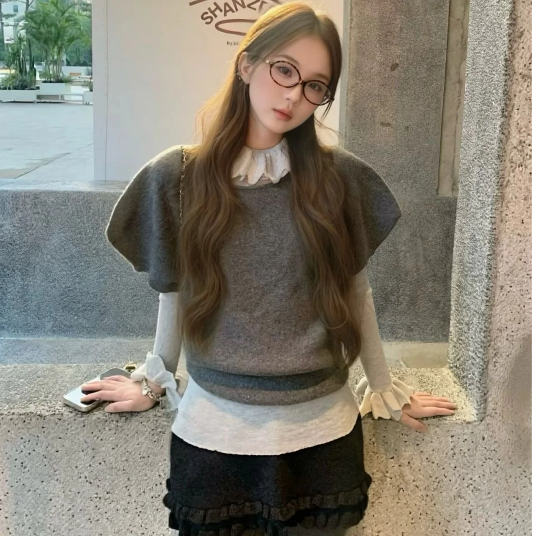 复古甜美风花瓣领长袖打底T恤花苞短袖上衣女木耳边半身裙三件套