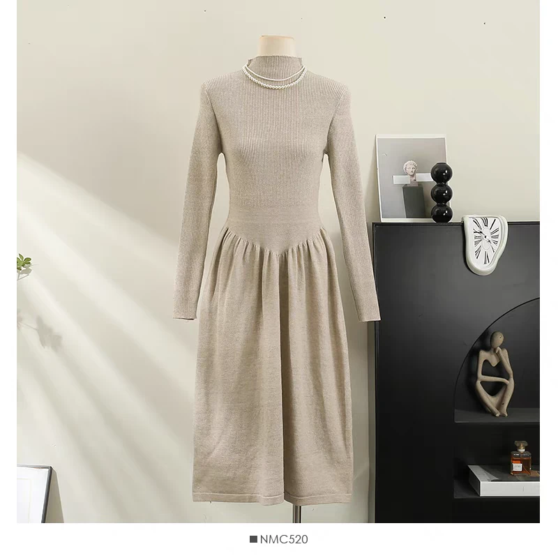 半高领针织连衣裙女秋冬新款气质收腰显瘦内搭打底毛衣裙 1232