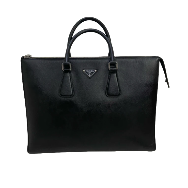 95新 Prada/普拉达 男士休闲时尚百搭全皮黑色十字纹手提包/199