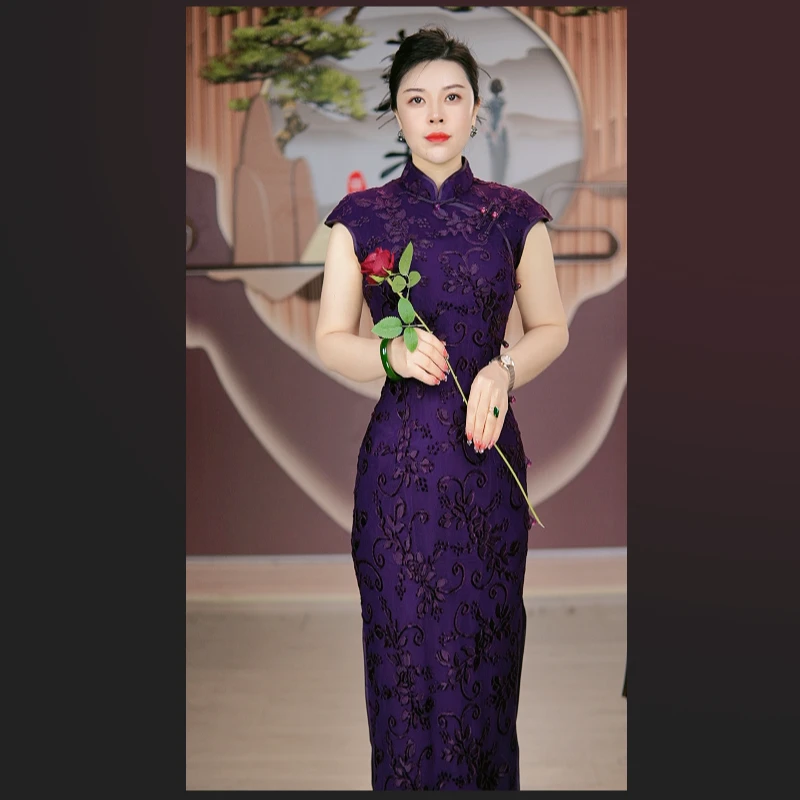 春夏新款2025高端紫色中国风长款旗袍优雅气质修身显瘦复古日常