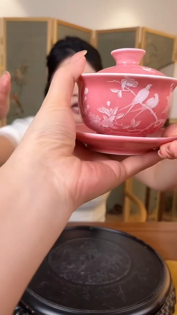 摆件桃红花鸟三才盖碗