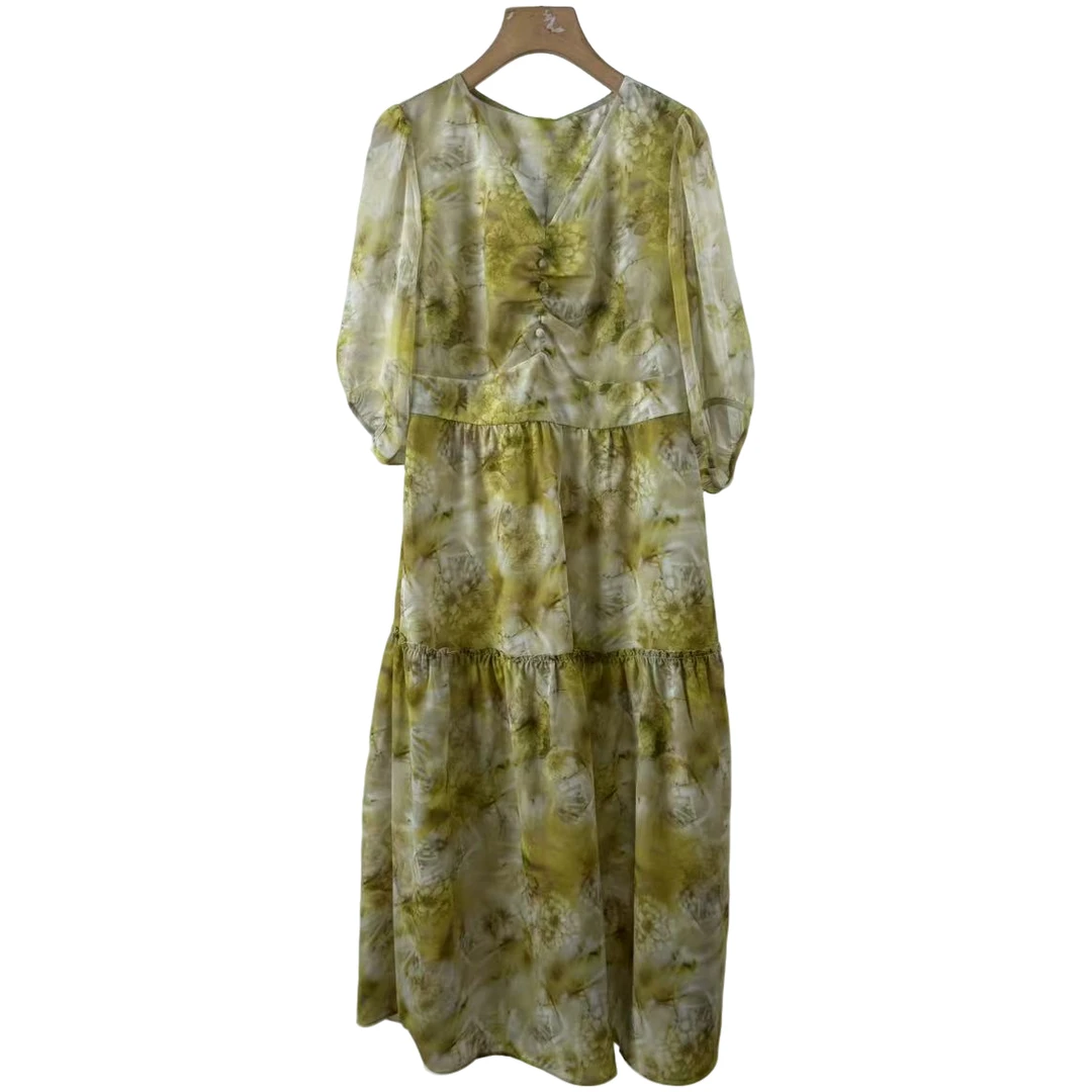 【W1108黄色】休闲时尚百搭洋气2025夏季新款短袖中长款连衣裙