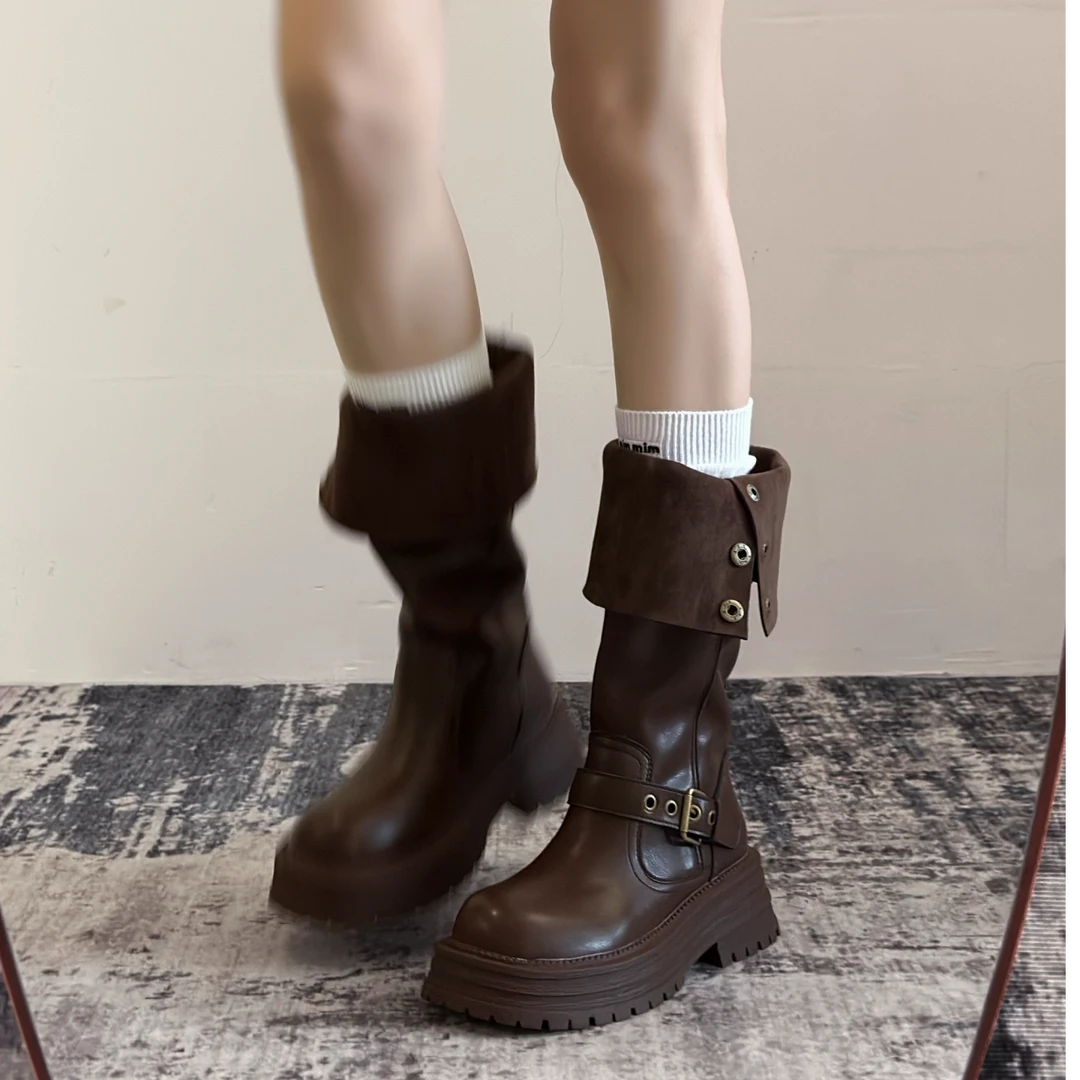 三福美拉德棕色长筒靴子女2025新款秋冬复古西部牛仔高筒靴骑士靴