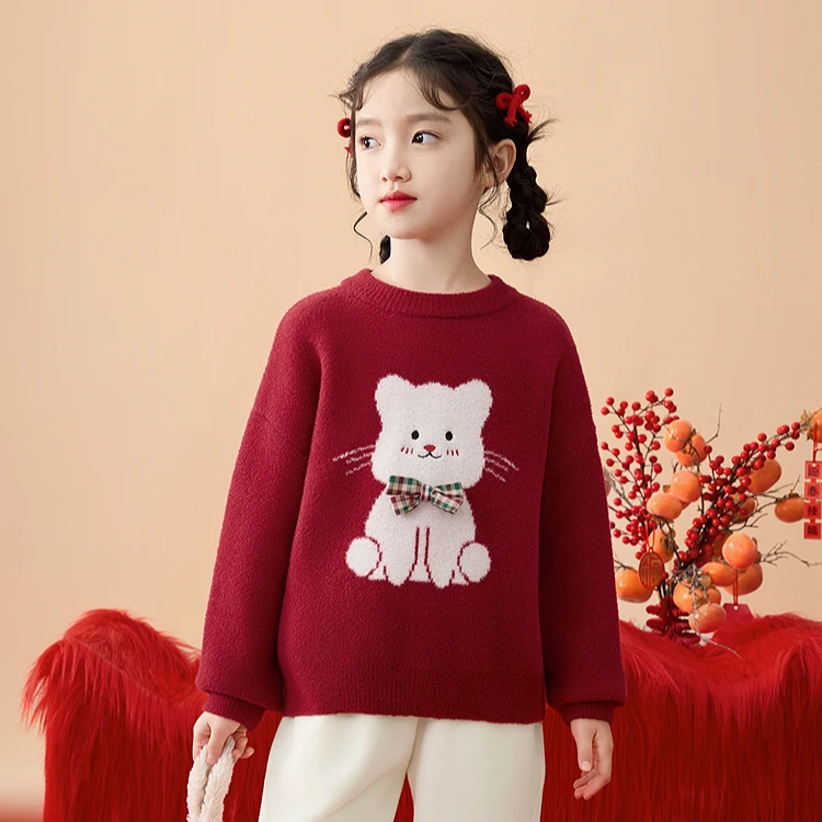 【拜年服洋气毛衣】小茵曼女童【招财猫】毛衣25冬新款圆领套头保暖衣
