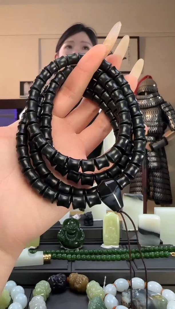 颈饰未镶嵌和田玉青玉竹节长链