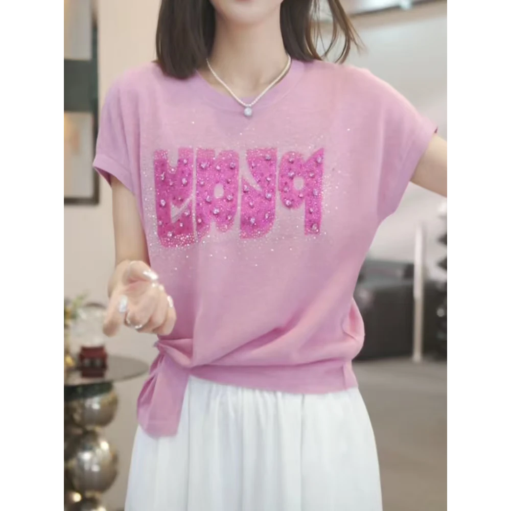 时髦洋气减龄字母印花亮钻短袖体恤2025夏季新款财阀千金女装上衣