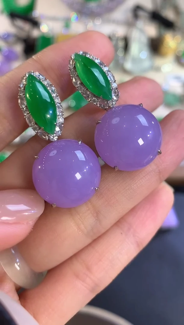 18K金镶嵌翡翠耳饰随***！A160 紫货有色差