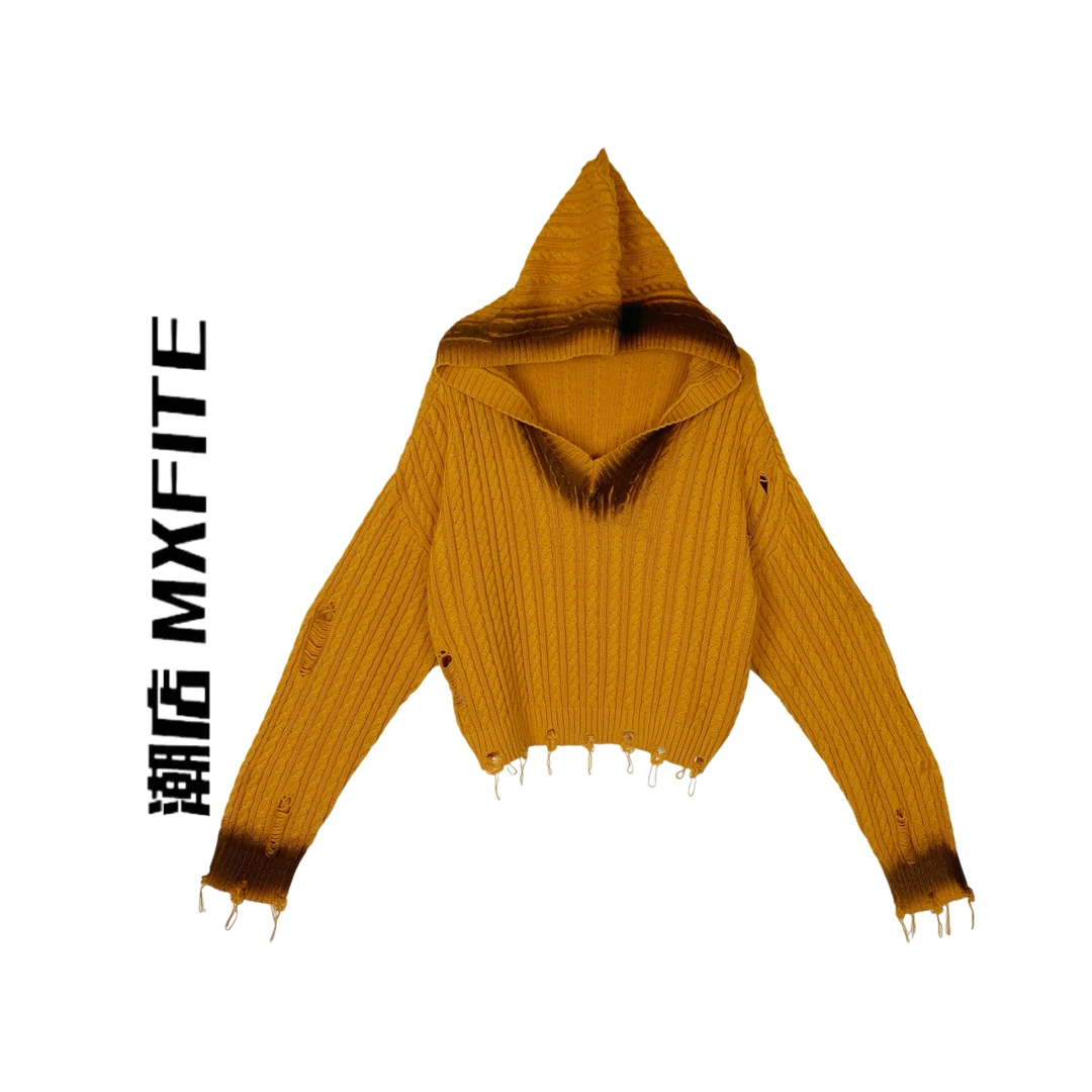 MXFITE潮店秋季新款剪破做旧连帽长袖针织毛衣（ANW1212）