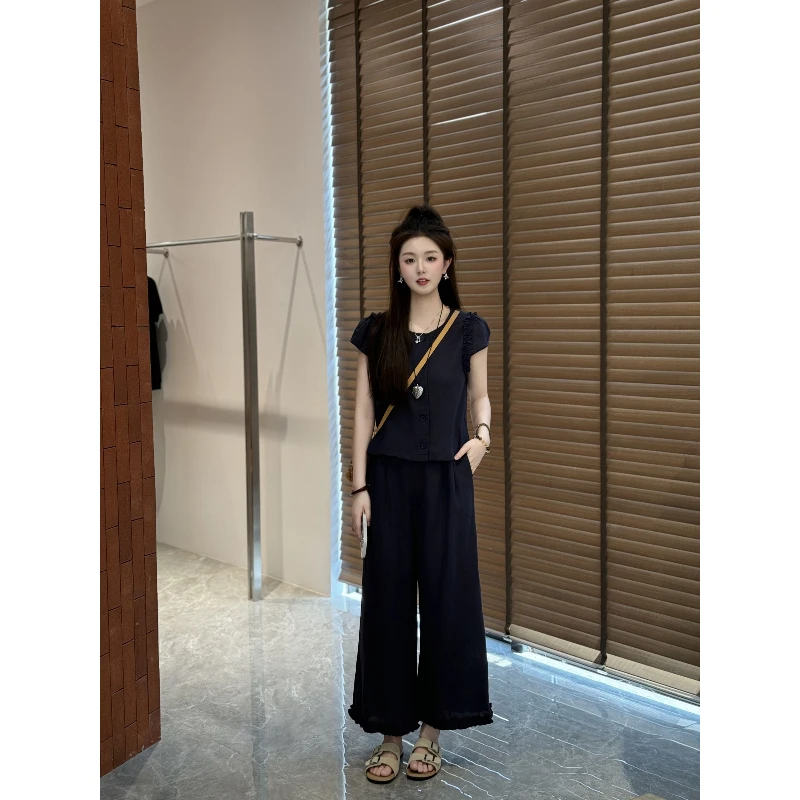 宿慕SUMU 花边小衫+阔腿九分裤两件套6-17新品时尚气质套装922