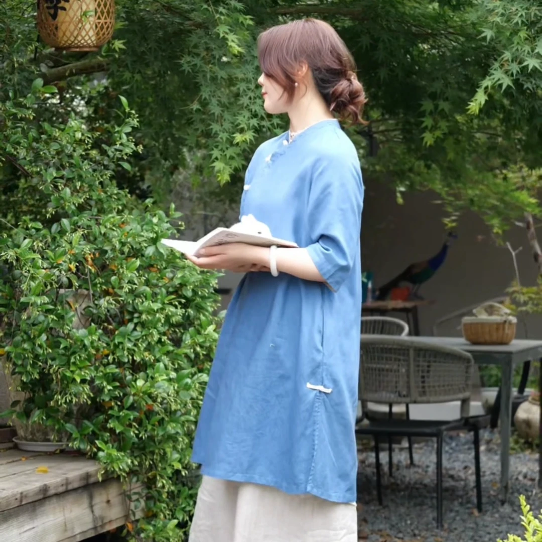 (墨香）全亚麻春夏女新中式国风文艺素雅立领宽松百搭复古旗袍