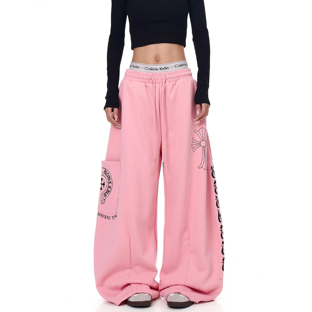 美式复古字母印花弯刀休闲卫裤男女爵士舞春秋新款街舞宽松阔腿裤