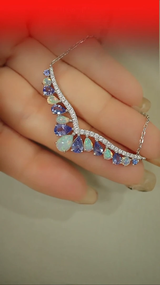 颈饰银S925镶嵌坦桑石混合锁骨链