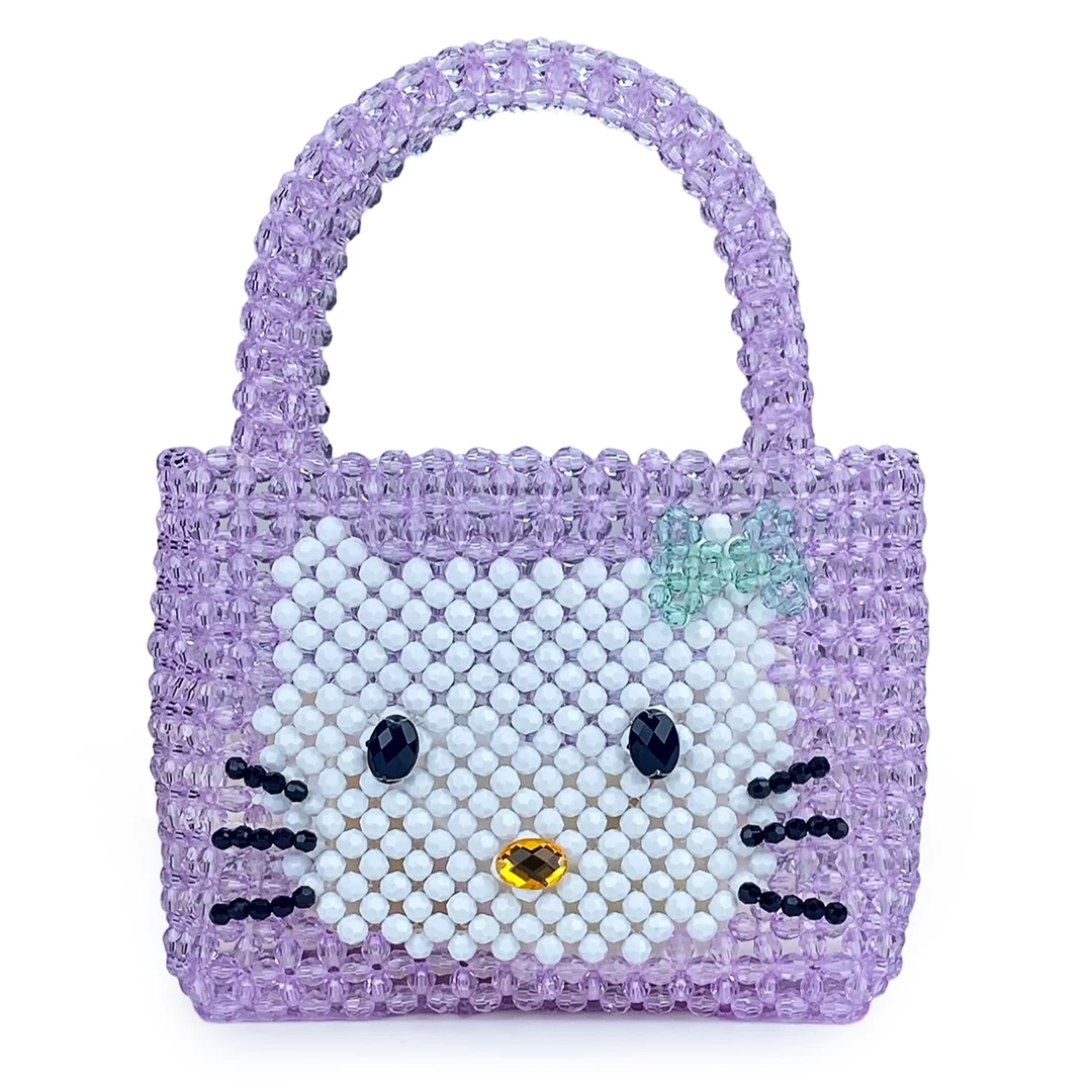 KT猫包包手工编织亚克力粉色串珠可爱风时尚百搭手提包女手拎包