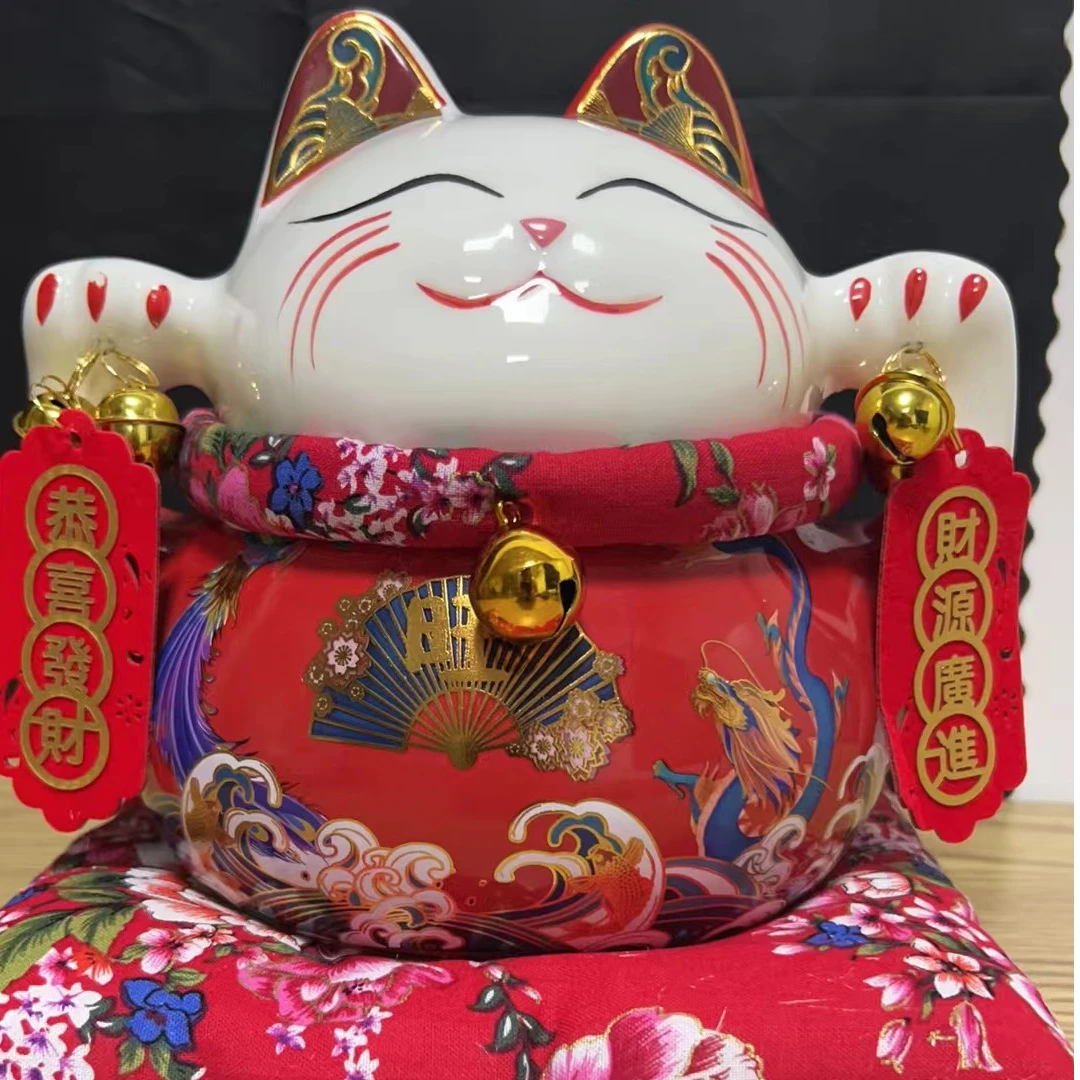 YD-8寸旺招财猫陶瓷摆件带铃铛坐垫一套