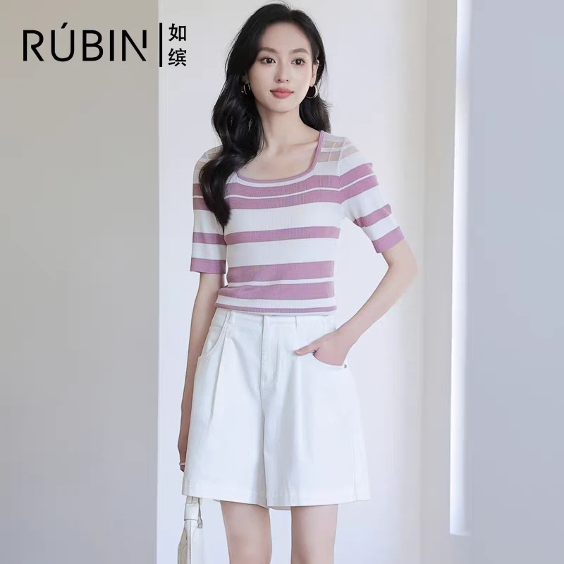 如缤RUBIN2024夏季款正品女装条纹撞色短袖针织衫上衣6L21M61271