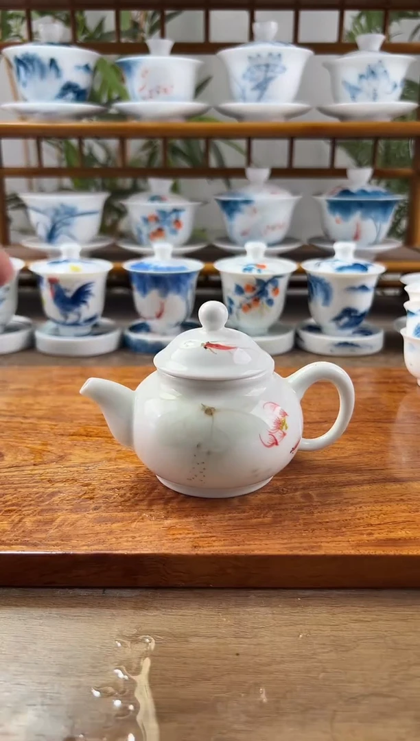 微瑕红鱼荷花手绘茶壶