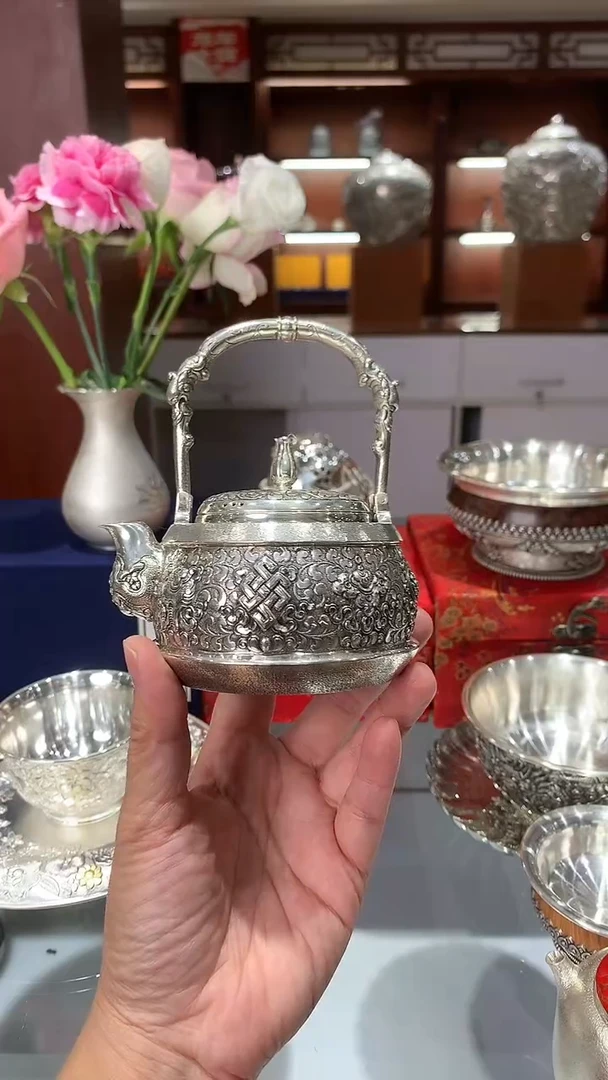 张*波足银999精工手工八宝鏨刻提梁泡茶壶