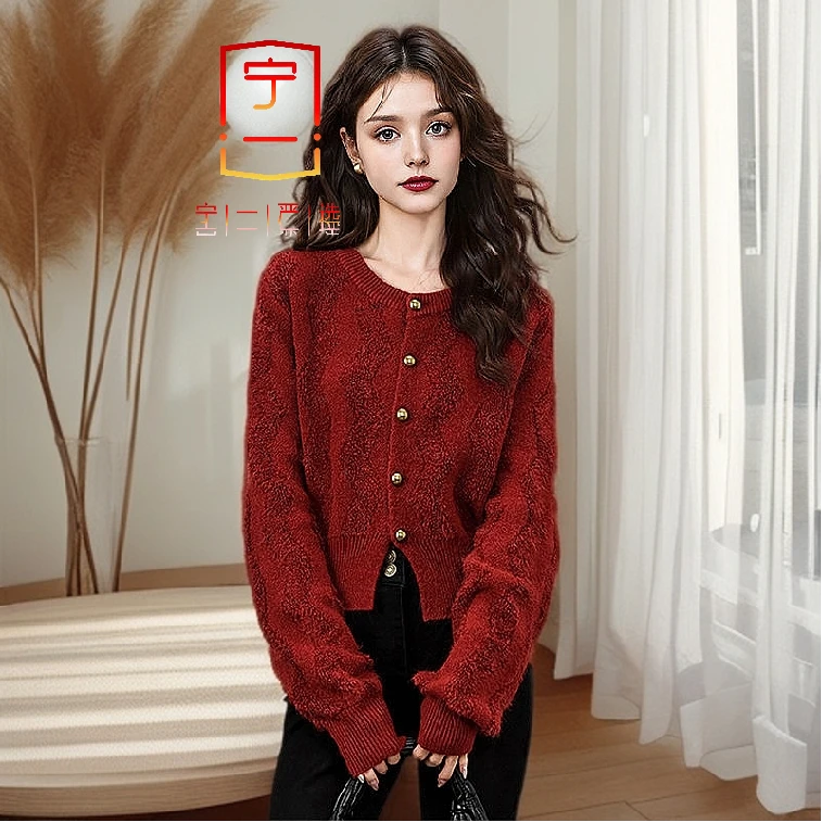 【时尚轻奢气质百搭小香风红色针织开衫】女春秋新款圆领毛衣慵懒风
