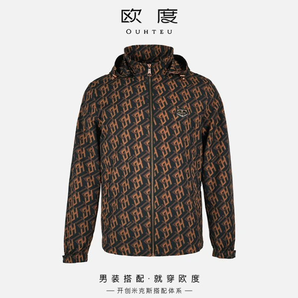 OUHTEU/欧度【透气内层舒适防风】秋季男士印花立领连帽茄克3284