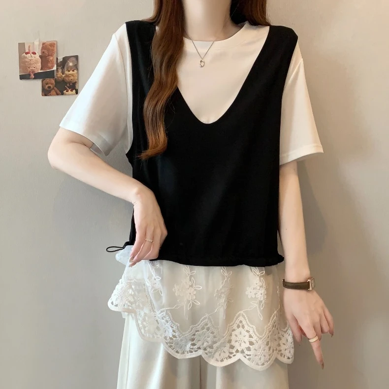 大码蕾丝拼接假两件短袖T恤女夏季新款胖MM宽松显瘦百搭洋气上衣