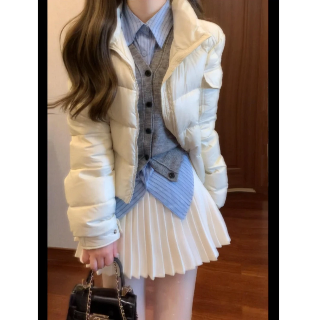 2025秋冬新款软糯面包服外套内搭针织马甲衬衫上衣高腰百褶裙套装