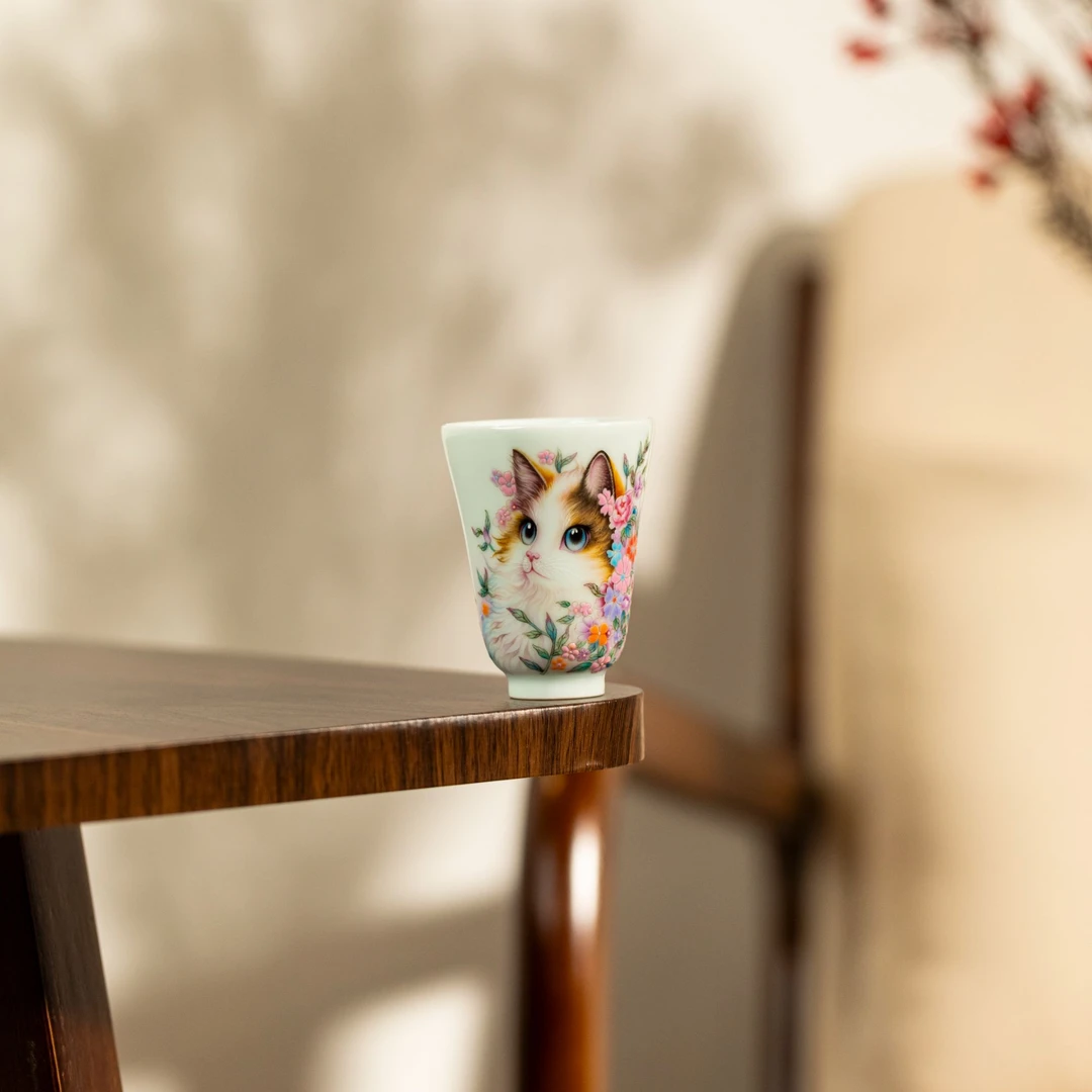 刘文华 粉彩猫咪杯
