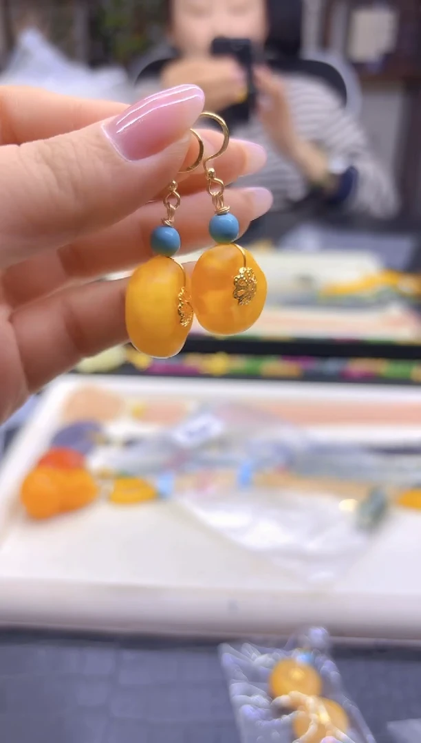 蜜蜡14K金镶嵌耳饰DIY款E134