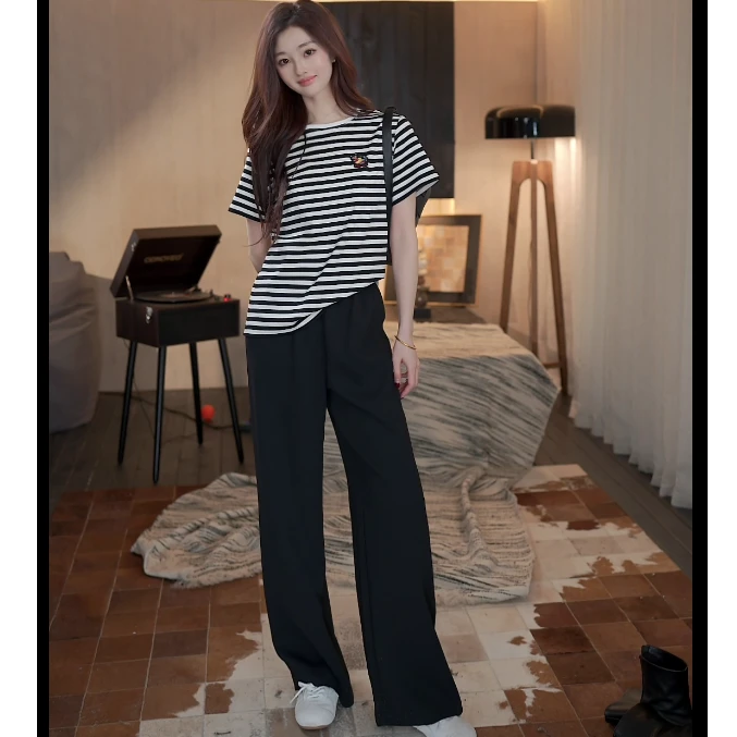 黑白条水柔棉针织布T恤-G1142