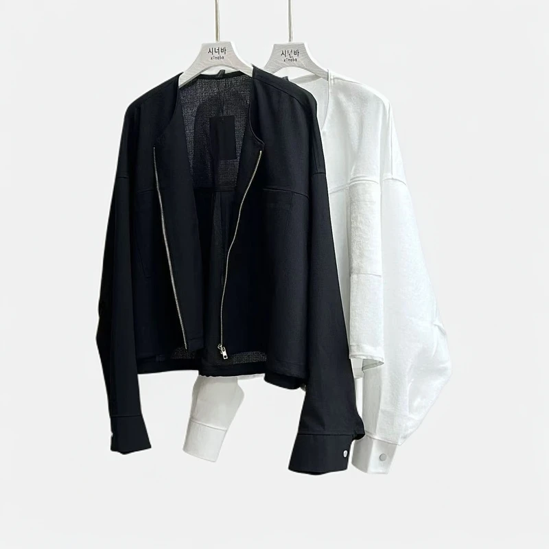 【xineba韩国精品】女士无领前短后长薄款开衫上衣时尚洋气百搭