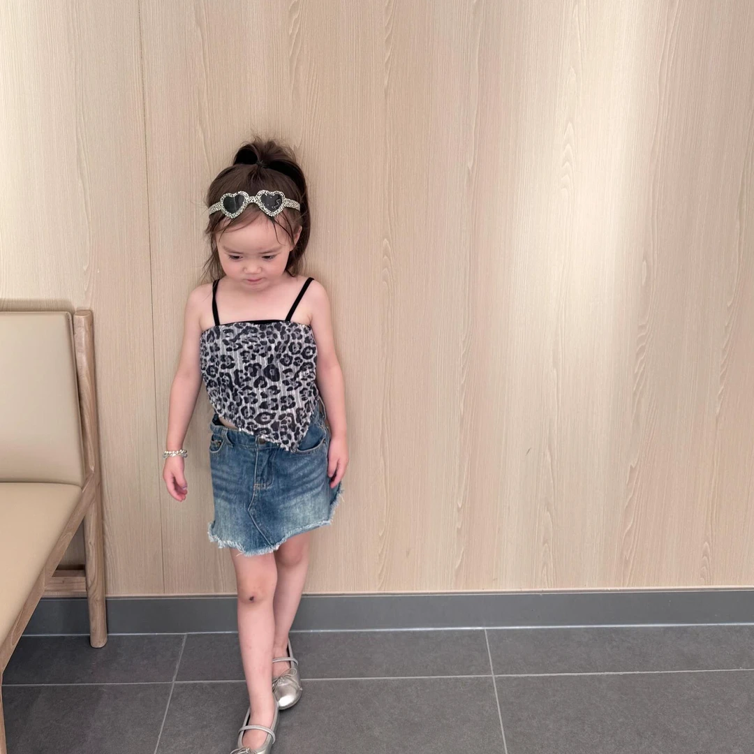 壹妈童装女童夏季辣妹套装洋气儿童时髦豹纹吊带背心上衣牛仔半裙