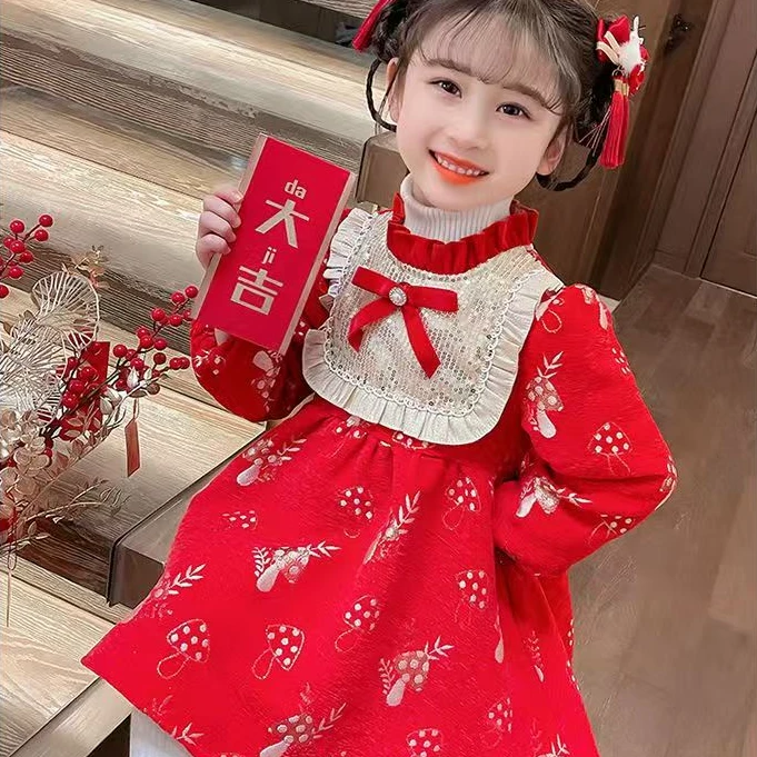 反季清女童冬款连衣裙加绒中小童洋气加棉裙小女孩新年装高档红裙