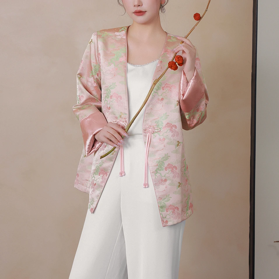 MsShe大码女装春装国风织锦缎提花钉珠盘扣外套J~M2402135