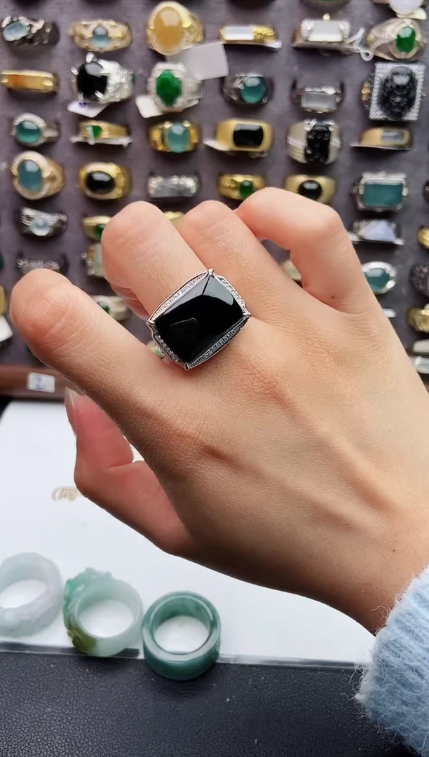 银S925镶嵌戒指翡翠^****^天然翡翠男戒