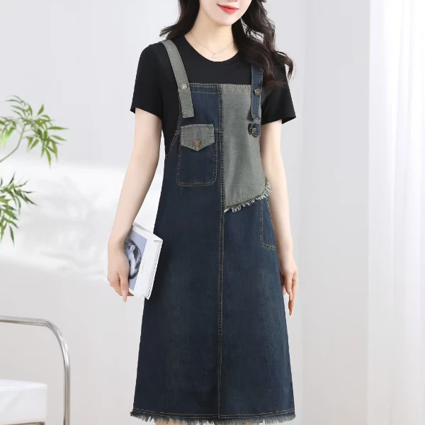 夏季新款修身显瘦纯色高腰圆领系扣百搭轻职风潮牌中长裙泡泡袖休