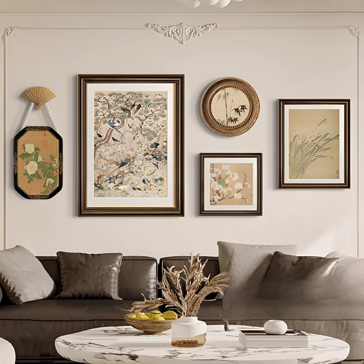 法式中国风客厅沙发背景墙画装饰画美式复古挂画餐厅花鸟组合画
