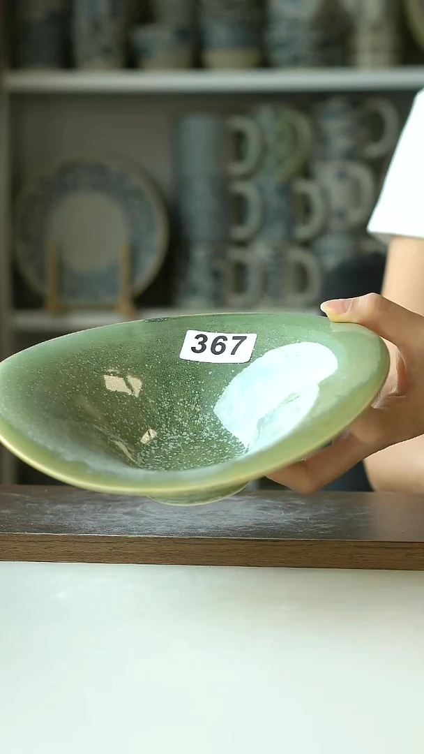 微瑕窑变春潮荷叶边斗笠盘20cm@4-2@