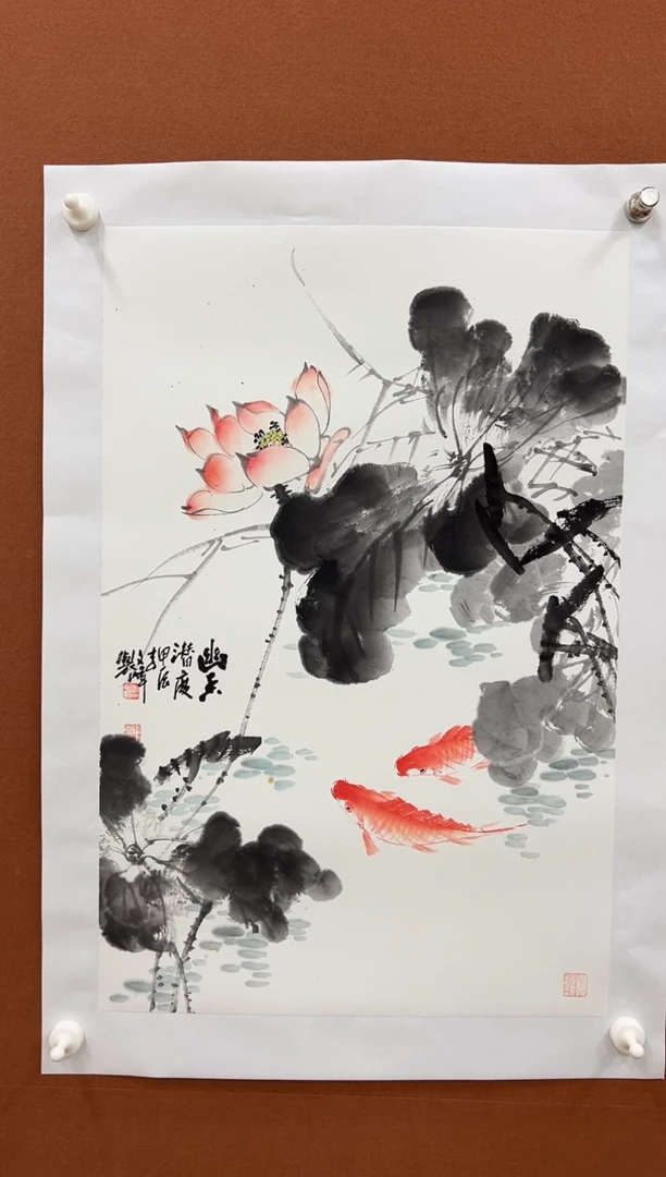 国画李文峰四尺三开写意荷花鱼