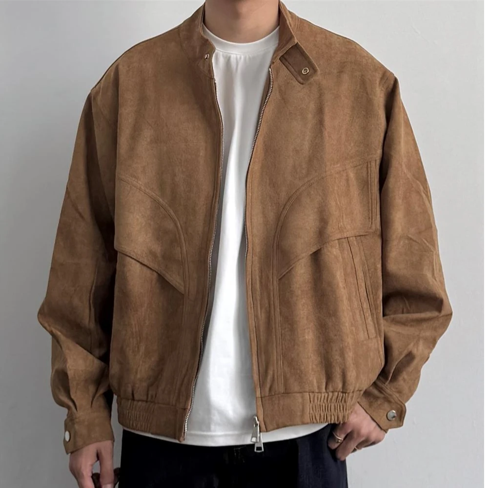 2025美式复古麂皮绒立领哈灵顿夹克秋季男生休闲宽松百搭纯色外套
