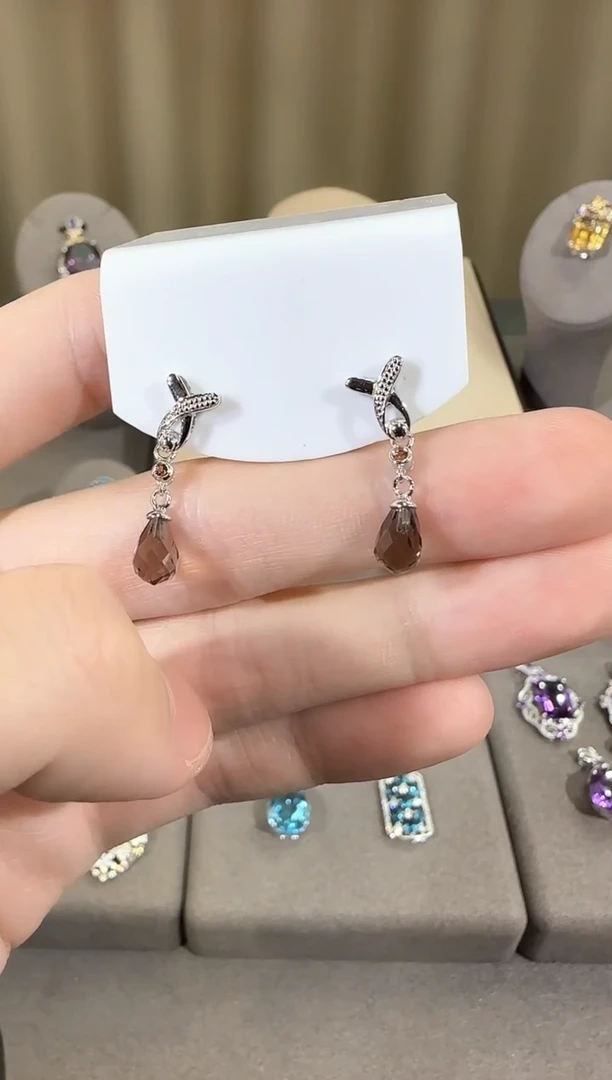 银S925镶嵌耳饰水晶5*7mm茶晶耳坠简约款