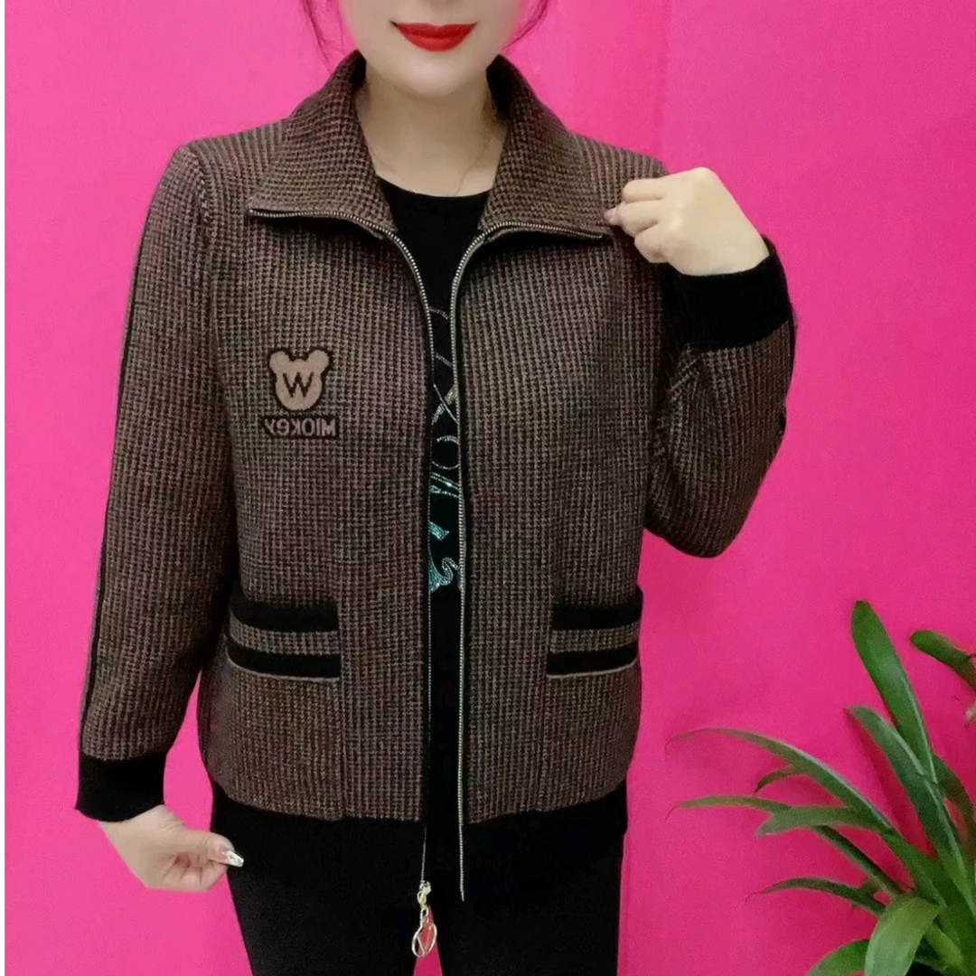 2025秋季新款高档设计双兜拼接拉链外套时尚妈妈洋气翻领拉链开衫