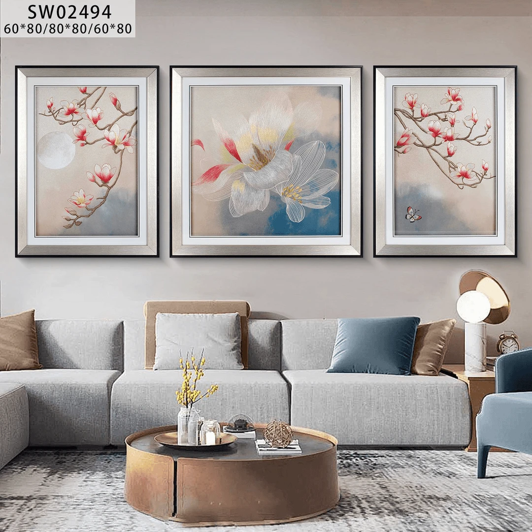 新中式高端刺绣沙发墙三联装饰画客厅背景墙挂画JH