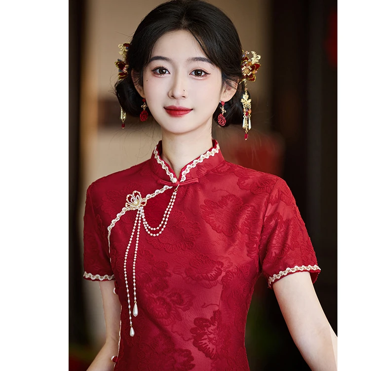 一见倾心|酒红色新中式结婚旗袍中国风订婚礼服中式新娘敬酒服