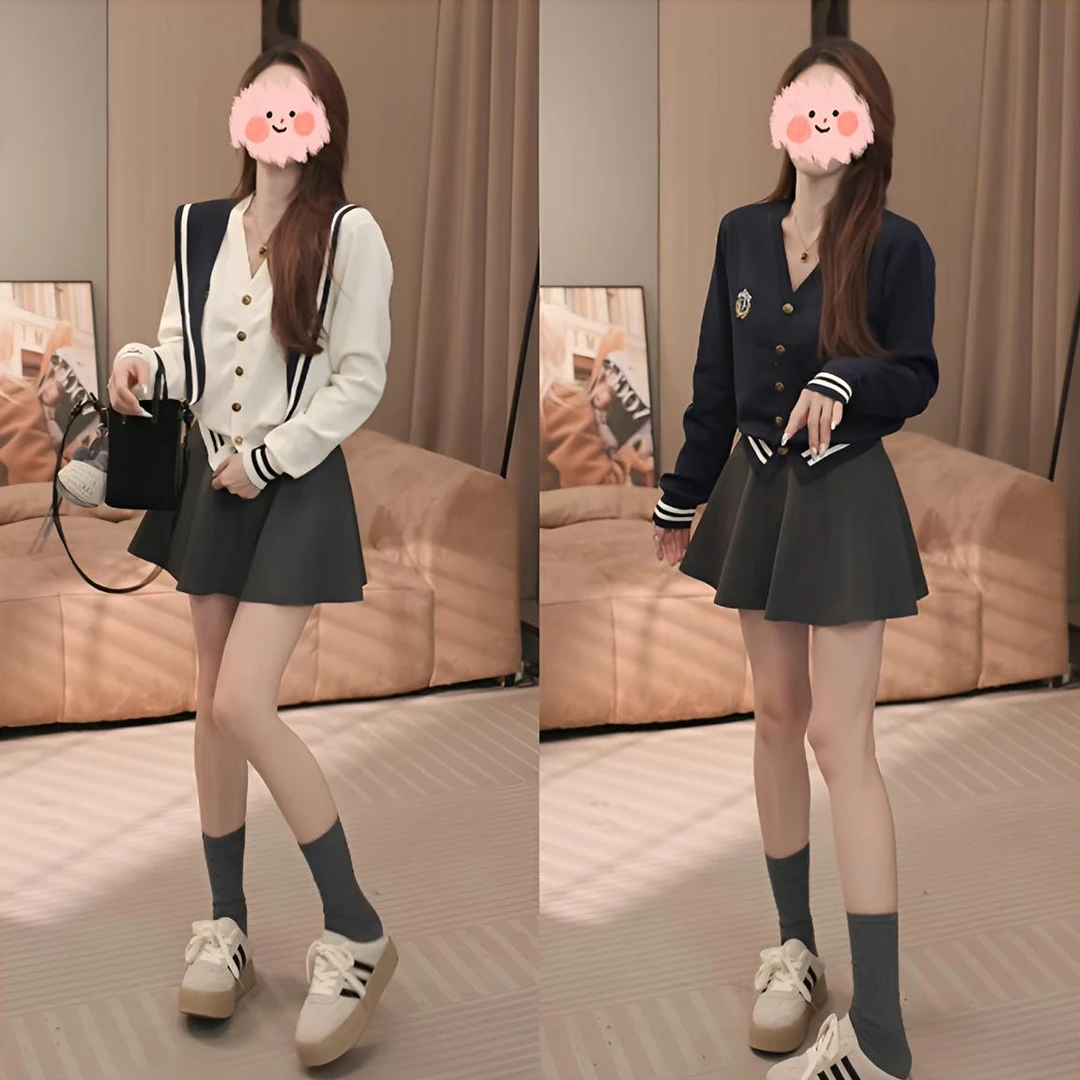 2025秋季新款学院风领时尚撞色短款针织上衣女+高腰显瘦蓬蓬A字裙