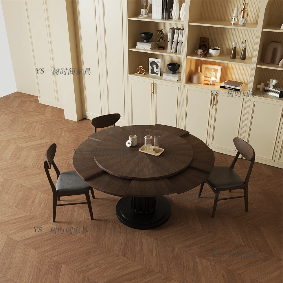 法式复古实木餐桌酒店伸缩可变形家用小户型圆餐桌旋转餐桌