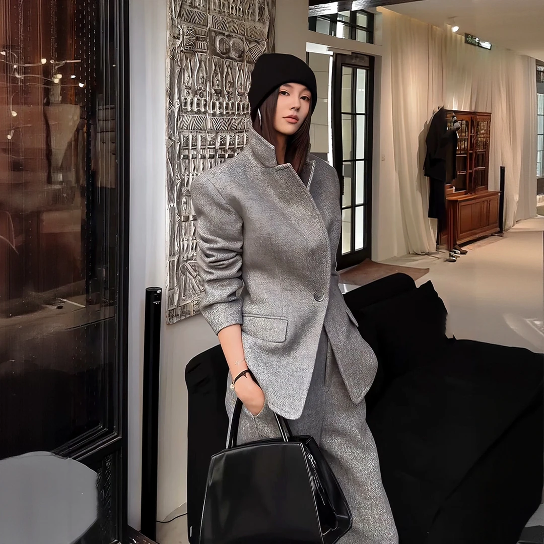 老钱风中古高级感气质灰色西装套装女秋冬职业收腰两件套极简风女