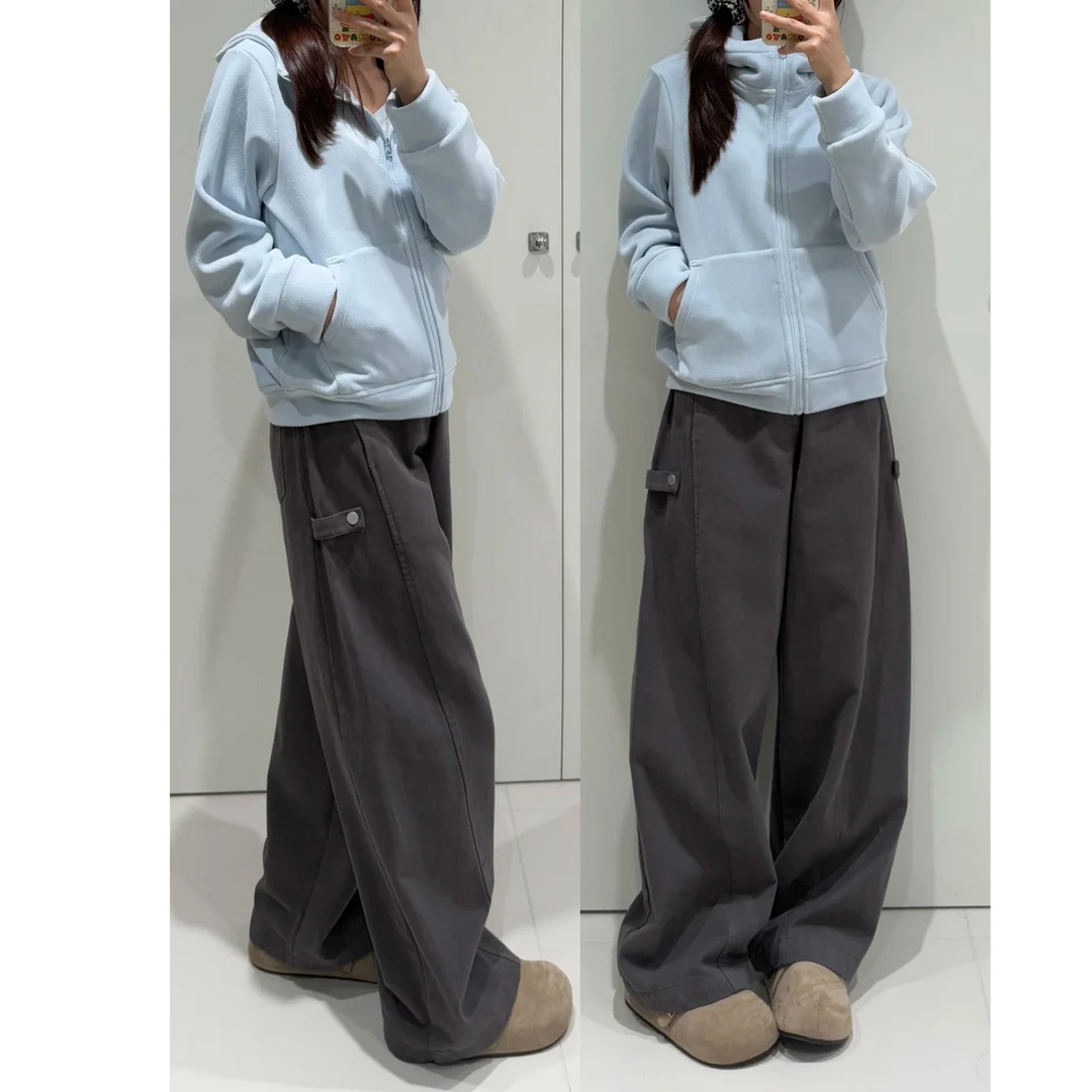 大码女装肥妹妹mm加绒工装阔腿秋冬高腰宽松显瘦休闲弯刀裤200斤